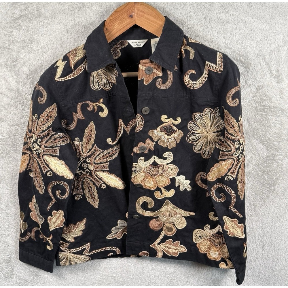 Laura Ashley Embroidered Floral Jacket PM Black Whimsigoth Denim Dark Floral